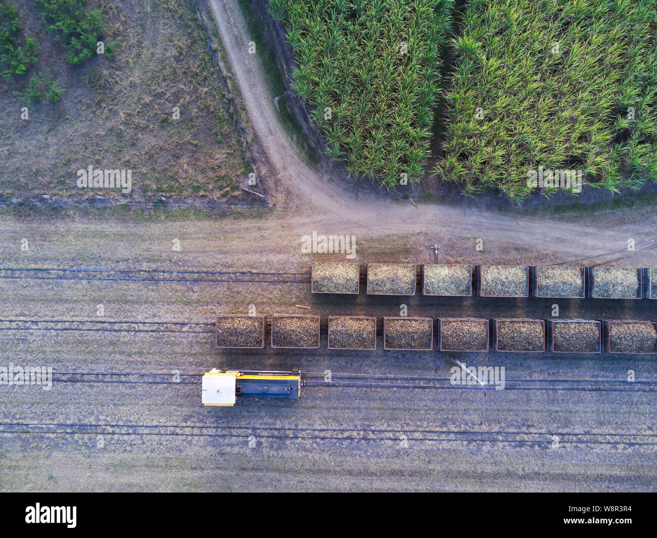Antenne des Zuckerrohr zug Schienennetz während der Erntezeit an Wallaville in der Nähe von Bundaberg Queensland Australien Stockfoto