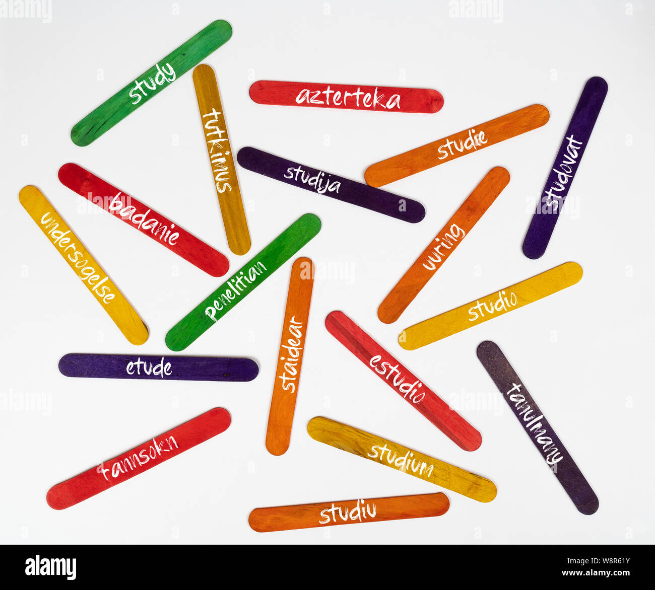 Das Konzept des Wortes Studie in verschiedenen Sprachen auf hölzernen farbigen Lamellen Stockfoto