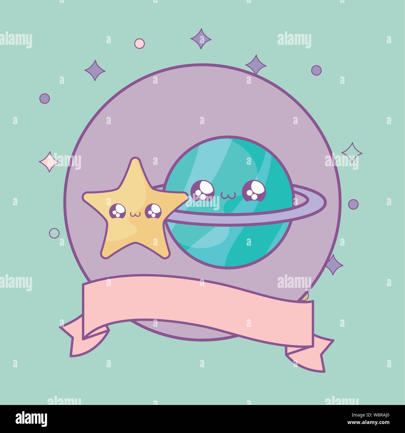Planet Saturn und Star im Rahmen Rundschreiben mit Band kawaii Stil Vector Illustration Design Stock Vektor