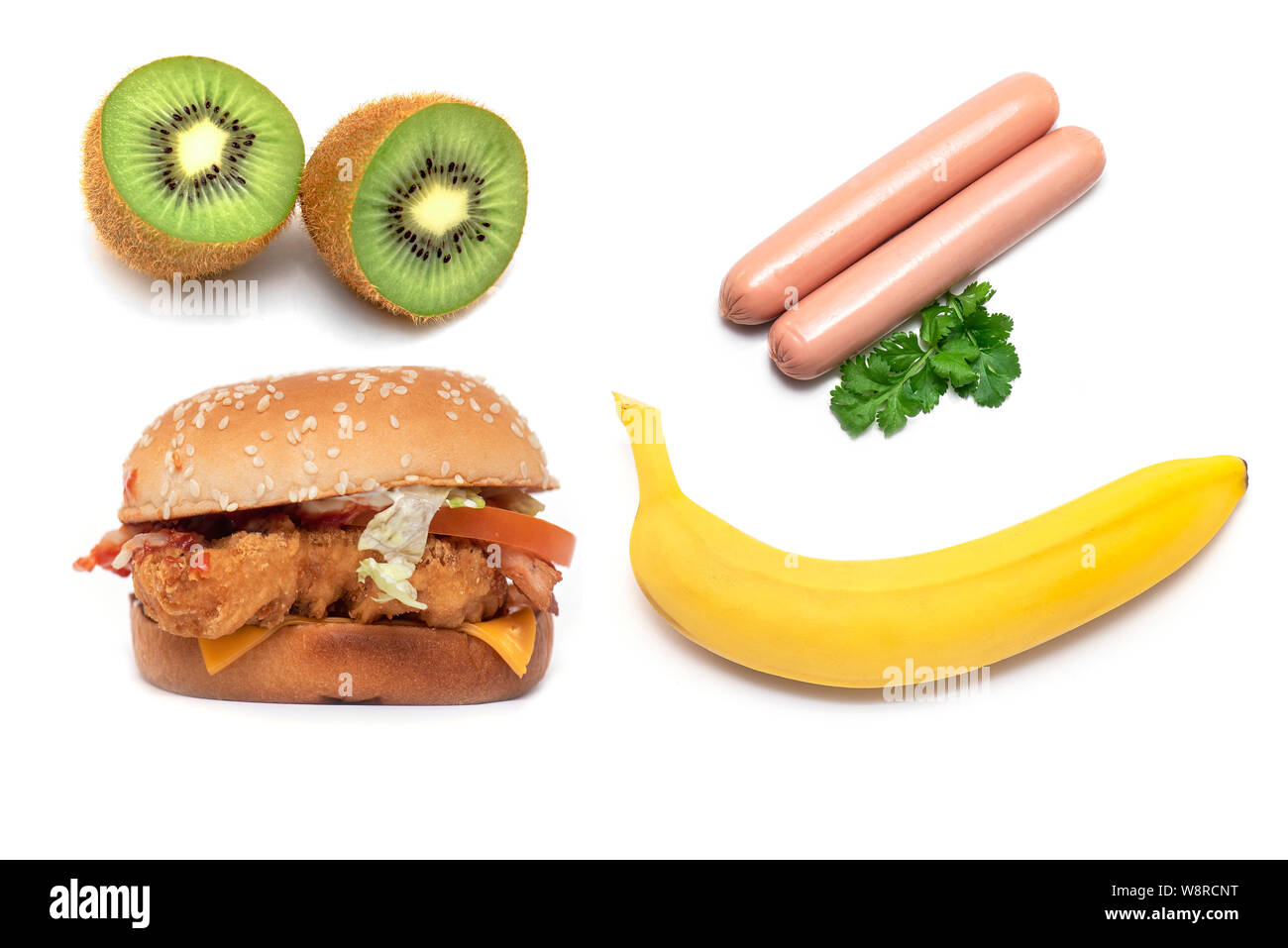 Satz von gesunden und ungesunden Essen, Konzept Bild über die Ernährung. Die ihre Auswahl. Stockfoto