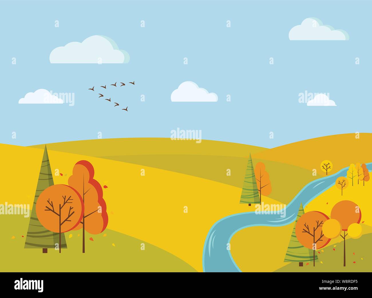 Herbst scenic Feld Landschaft Hintergrund mit gelben und orangen Bäume, Fichten, Felder, Fluss, Wolken, Vögel Kran Keil Stock Vektor