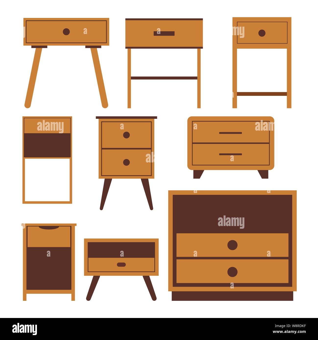 Holz- Nachttisch Nachttisch Symbole gesetzt, flache Bauform Abbildung Stock Vektor