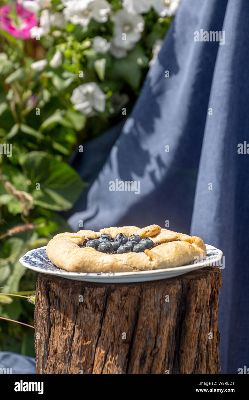 Süßes Kuchen Kuchen Galette mit Blueberry auf rustikalen Blume Hintergrund außerhalb Stockfoto
