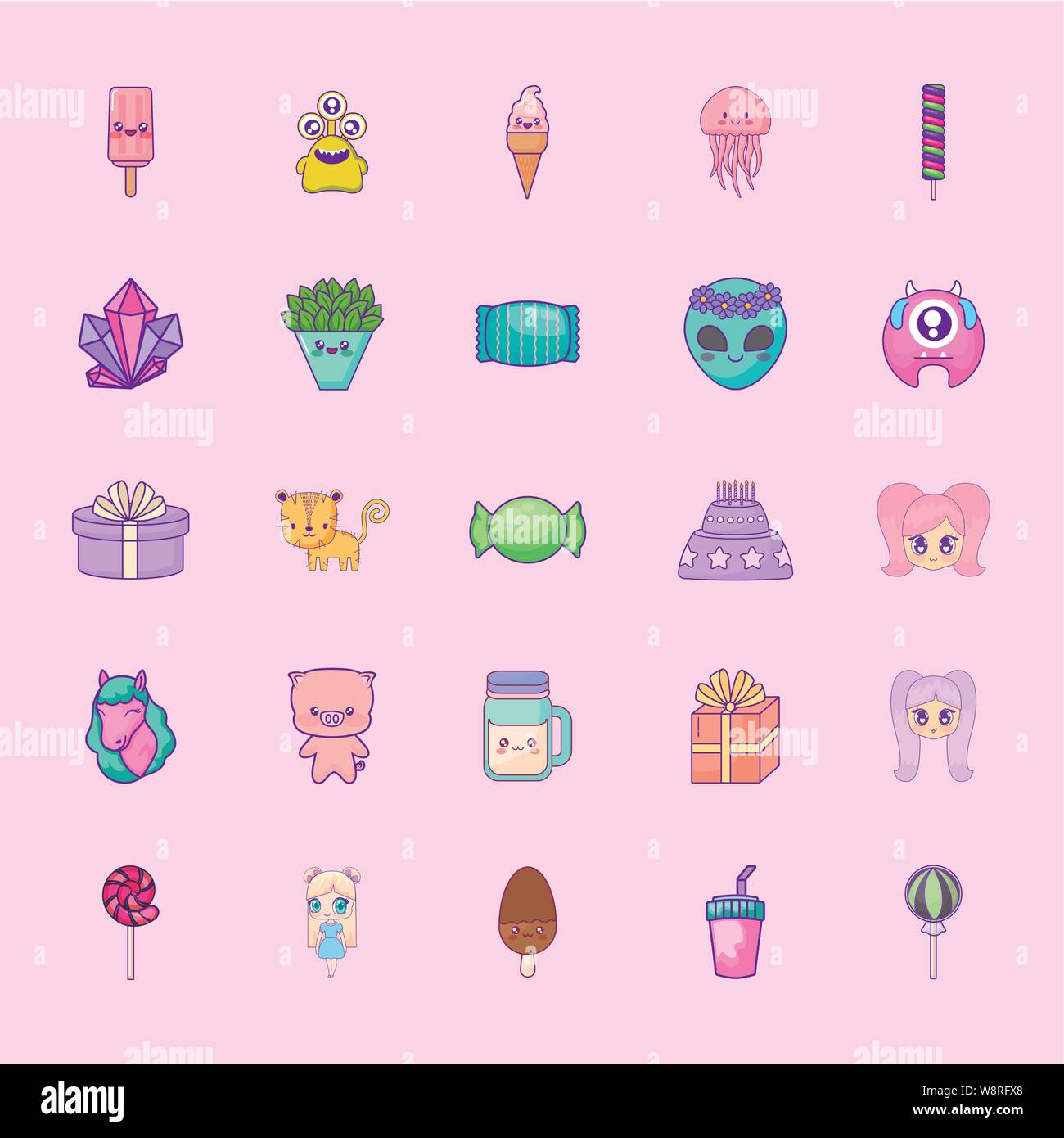 Cute Icons Set Style Kawaii Vector Illustration Design Stock Vektorgrafik Alamy