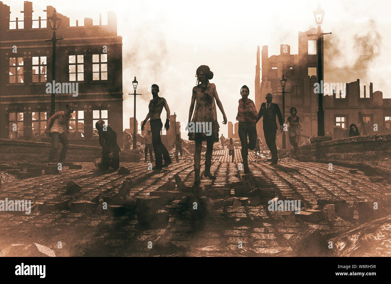 Zombies Horde in der zerstörten Stadt nach einem Ausbruch, 3D-Illustration für Buch Cover Stockfoto
