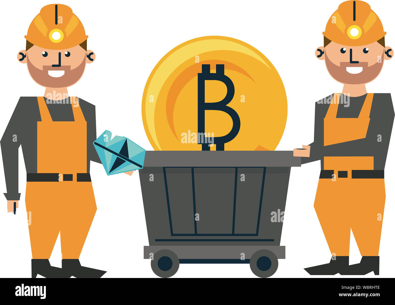 R2RNT 3 Bergbau bitcoin und Arbeitnehmern mit Wagen Vector Illustration graphic design Stockfoto