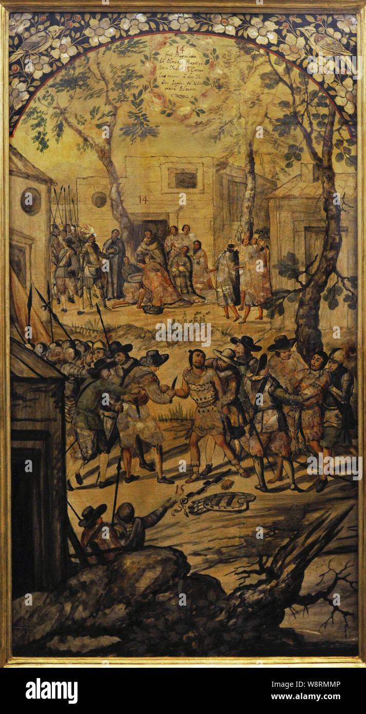 Die Eroberung von Mexiko (1519-1521). In Richtung Cholula fünf Inder sind Getauften durch Pater Bartolome de Olmedo (obere Szene). Strafe erhielt von den Indern Kundschafter Xicotencatl: Schneiden Sie Ihre Hände (unten). Board 7, die zu einem Satz von 24 Karten mit der 'enconchado' Technik gemacht (Fragmente von Perlmutt im Holz- Oberfläche eingebettet, und weichen Schichten von Farbe auf die glänzende Oberfläche hinzugefügt werden). Gemalt von Juan und Miguel Gonzalez (aktiv in der zweiten Hälfte des 17. Jahrhunderts). König Charles II. Öl auf Holz und Perlmutt. Vizekönigreich Neuspanien. Mexiko, 1698. Museum der Amer Stockfoto