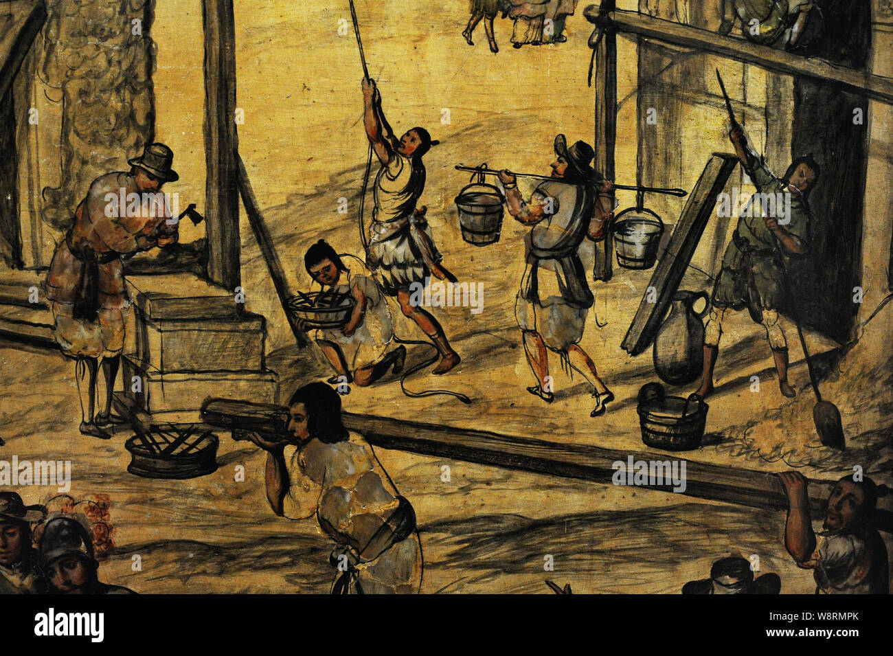Spanische Eroberung des Aztekenreiches (1519-21). Bau der Villa Rica de La Vera Cruz, mit Hilfe der Totonac Indianer. Detail. Board 3, die zu einem Satz von 24 Karten mit der 'enconchado' Technik gemacht (Fragmente von Perlmutt im Holz- Oberfläche eingebettet, und weichen Schichten von Farbe auf die glänzende Oberfläche hinzugefügt werden). Gemalt von Juan und Miguel Gonzalez (aktiv in der zweiten Hälfte des 17. Jahrhunderts). König Charles II. Öl auf Holz und Perlmutt. Vizekönigreich Neuspanien. Mexiko, 1698. Museum des Amerikas. Madrid, Spanien. Stockfoto