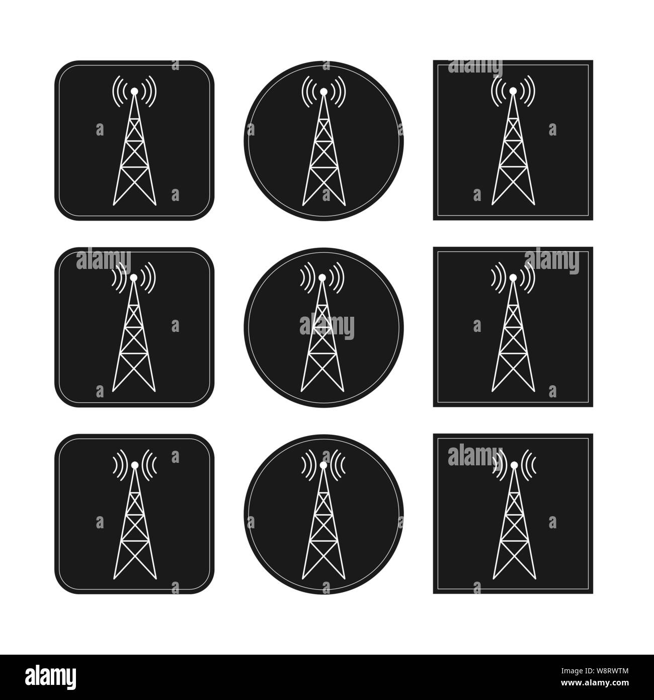 Symbol mit Sender, Repeater und Empfängermast auf quadratischen und runden schwarzen Hintergrund, einfache flache Bauform. Stock Vektor