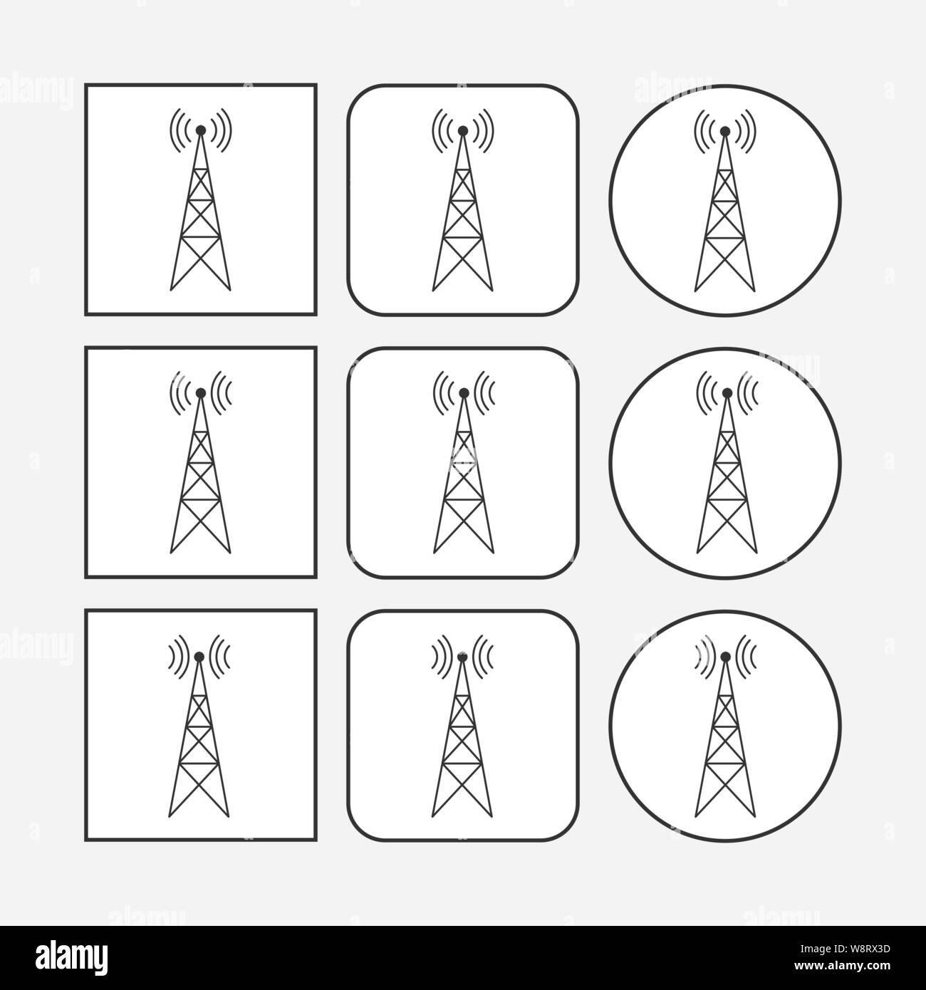 Symbol mit Sender, Repeater und Empfängermast auf quadratischen und runden weißen Hintergrund gesetzt, einfache flache Bauform. Stock Vektor