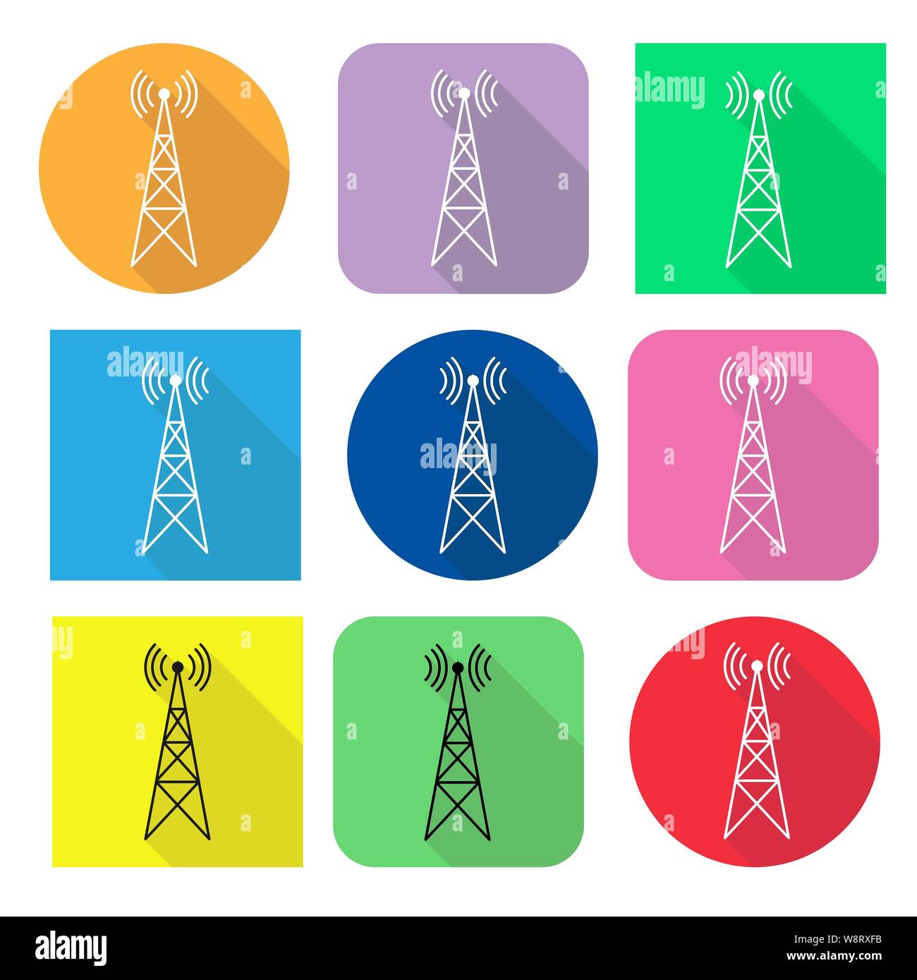 Symbol mit Sender, Repeater und Empfängermast auf quadratischen und runden Farbe Hintergrund gesetzt, lange Schatten, Stock Vektor