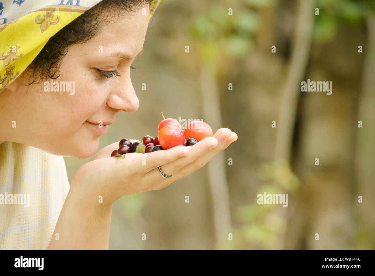 Junge Frau riecht Frühjahr reifen Pflaumen zeit Geruch in der Hand, gesund essen Konzept Stockfoto