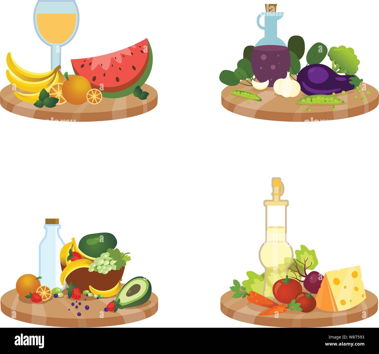 Vektor einrichten der Gerichte mit Obst und Gemüse, eine Sammlung von 4 Stillleben auf Platten mit einem Bündel von süßen Beeren, einen saftigen Apfel, mil Stock Vektor