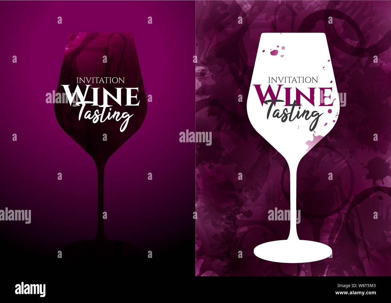 Abbildung: Rotwein Glas mit Farbflecken. Wein Glas Silhouette mit Strichen und Wein Flecken Hintergrund. zeigt Text. Weinverkostung Einladung, p Stock Vektor