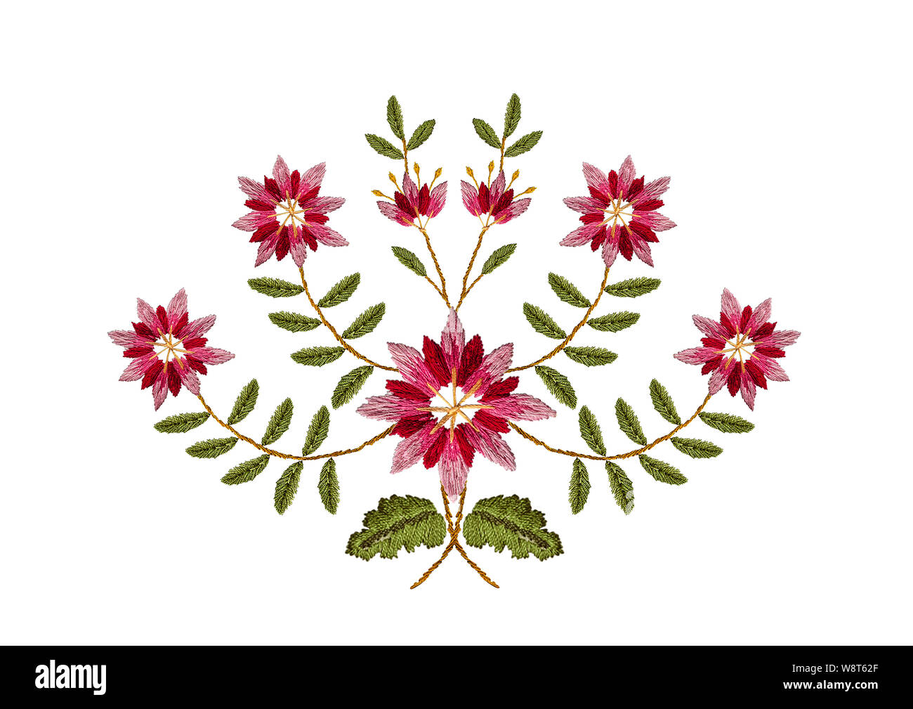 Weißer Hintergrund mit Muster für Stickerei satin stitch Bouquet von rosa mit roten Kornblumen auf verbogene Äste mit grünen Blättern Stockfoto