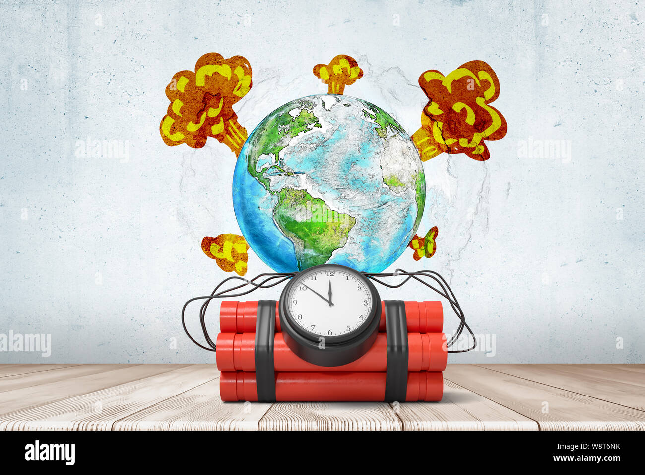 3D-Rendering von Dynamit Bundle mit Timer an der Wand liegen mit Bild der Erde mit blast Dämpfe aus alle um ihn herum. Stockfoto