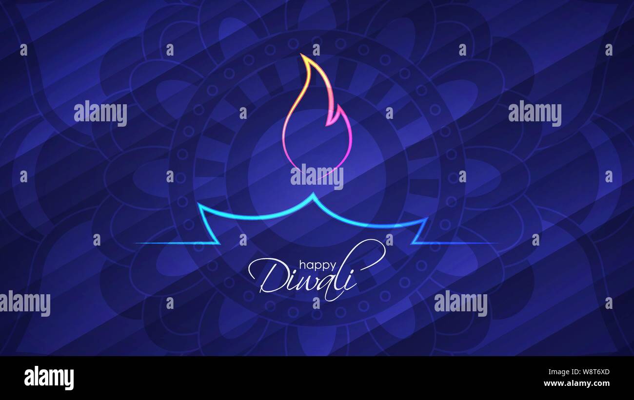 Festival der Lichter. Leuchtende neon indischer Diya öl Lampe. Happy Diwali abstrakte hellen Hintergrund mit dekorativen Muster der ethnischen runde Ornament für Sie Stock Vektor