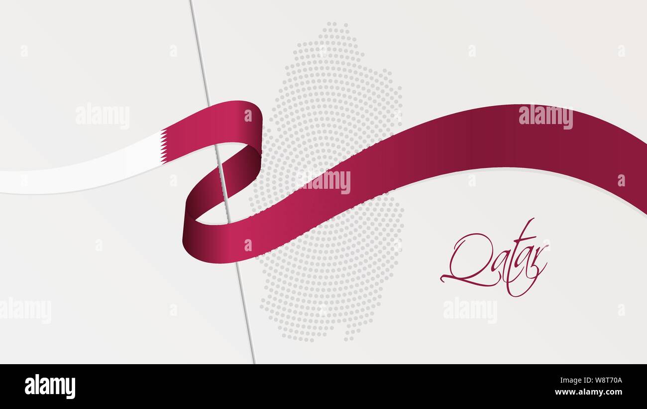 Vector Illustration der abstrakten radial gepunktete Rasterung Karte von Katar und gewellten Band mit Qatari nationalflagge Farben für Ihr Design Stock Vektor