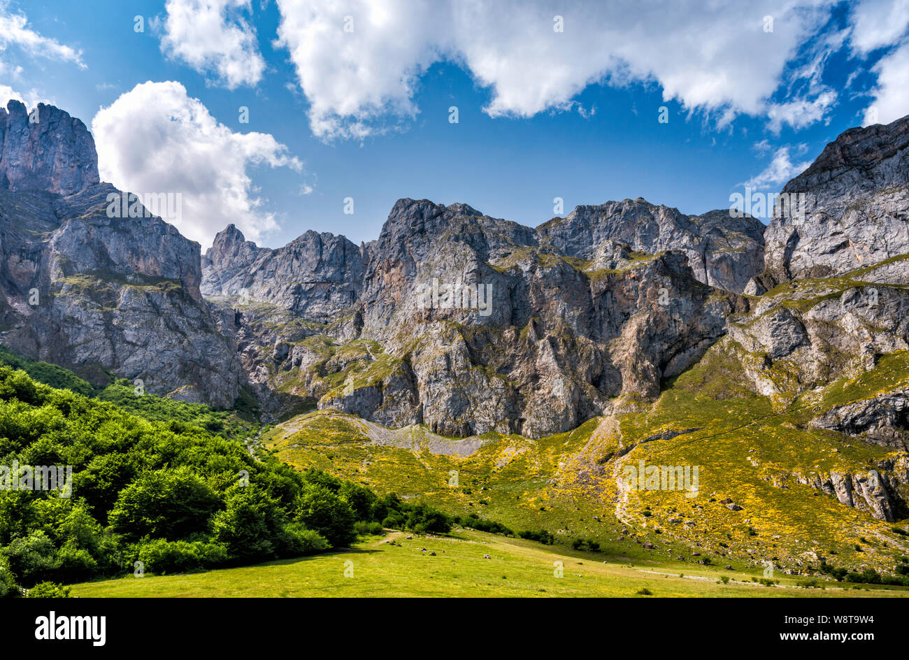 Südliche Wand auf den Berg Macizo Zentrale (den Berg Macizo Los Urrieles) über Fuente De, Picos de Europa, Kantabrien, Spanien Stockfoto