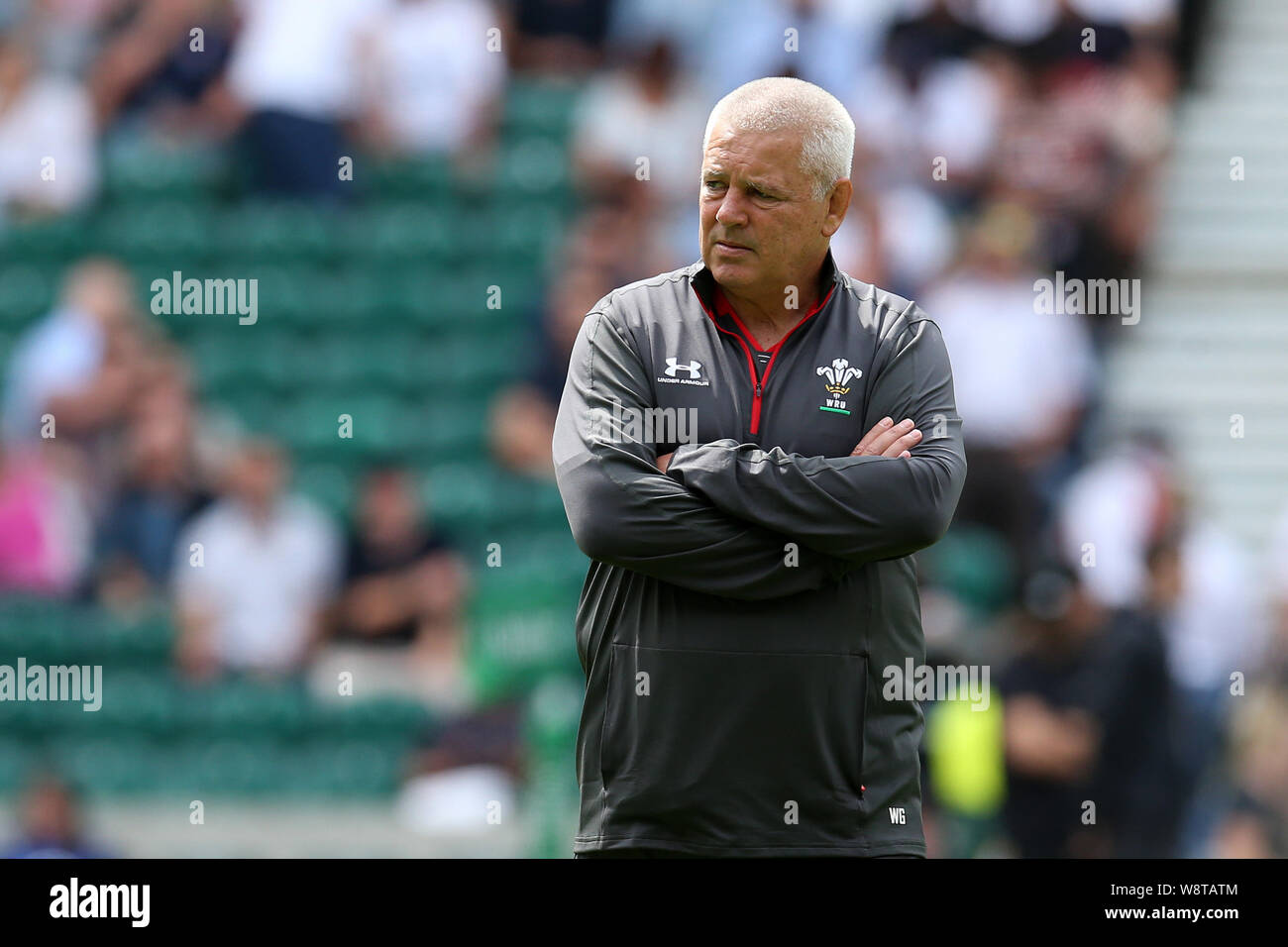 London, Großbritannien. 11 Aug, 2019. Warren Gatland, Wales Rugby Head Coach Uhren sein Team warm up. England v Wales, Quilter internationalen Rugby in Twickenham Stadium in London am Sonntag, den 11. August 2019. Bitte beachten Sie die Bilder sind nur für den redaktionellen Gebrauch bestimmt. pic von Andrew Obstgarten/Andrew Orchard sport Fotografie/Alamy Live news Credit: Andrew Orchard sport Fotografie/Alamy leben Nachrichten Stockfoto