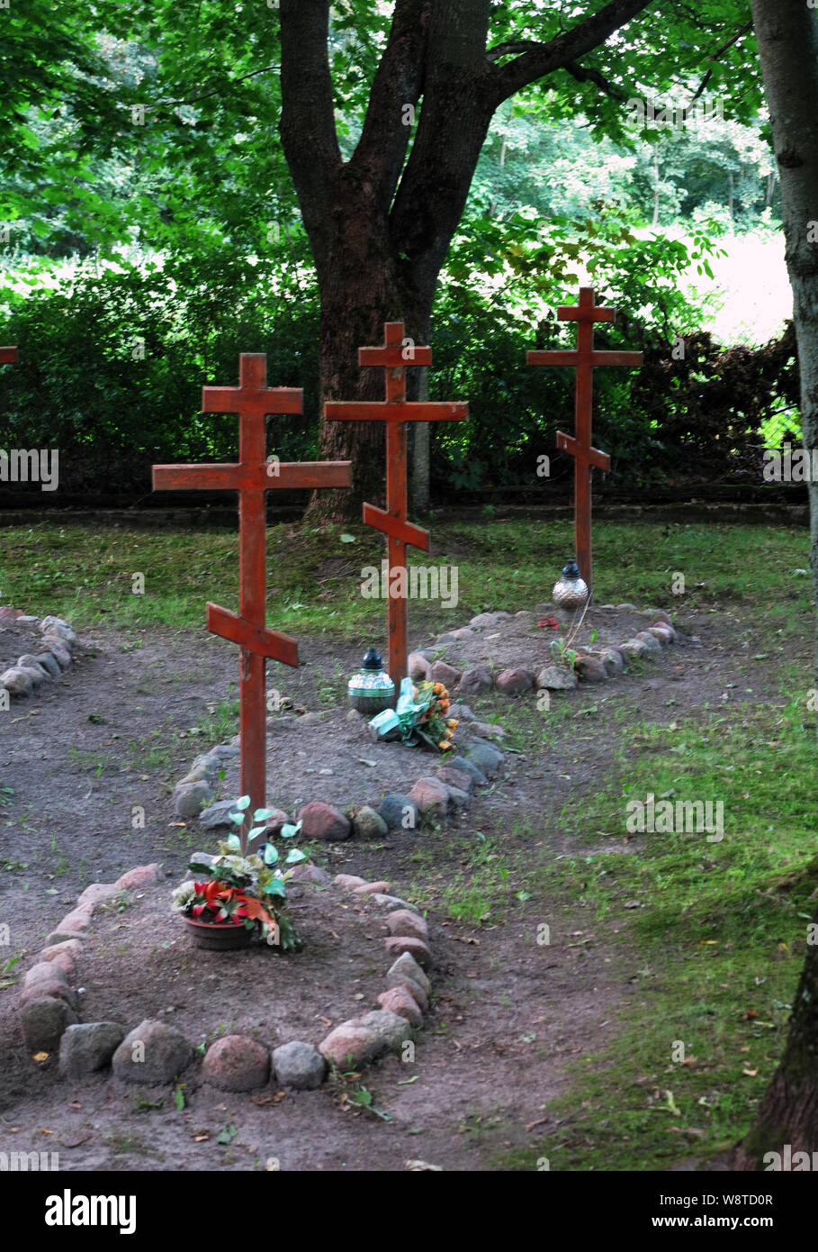Gepflegte Gräber auf einem heroischen Friedhof aus dem Ersten Weltkrieg in den polnischen Masuren (ehemals Ostpreußen) - hier sind 8 russische Soldaten, die in der Schlaughs rund um die Festung Boyen in Lotzen 1914 fiel, aufgezeichnet am 15.07.2019 | Verwendung weltweit Stockfoto