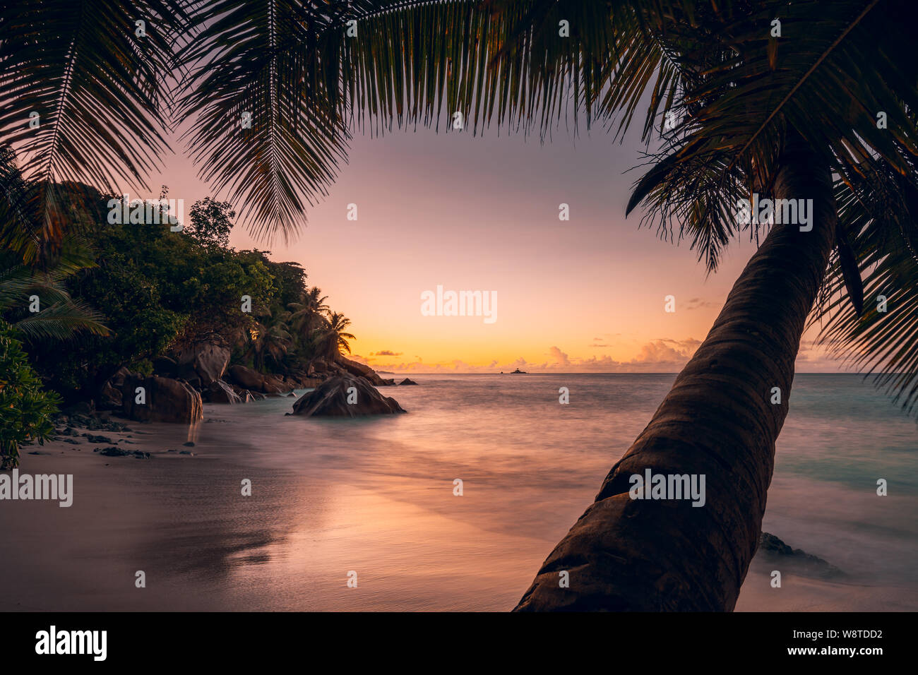 Schönen romantischen Sonnenuntergang Sonnenuntergang bunte Himmel auf den Seychellen Paradise Island. Traum, weißer Sandstrand und Palmen in der Front Stockfoto
