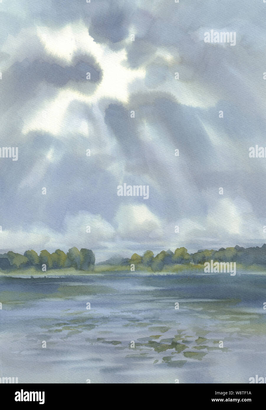 Wolken über dem See Aquarell Hintergrund. Sommer Tag Landschaft Stockfoto