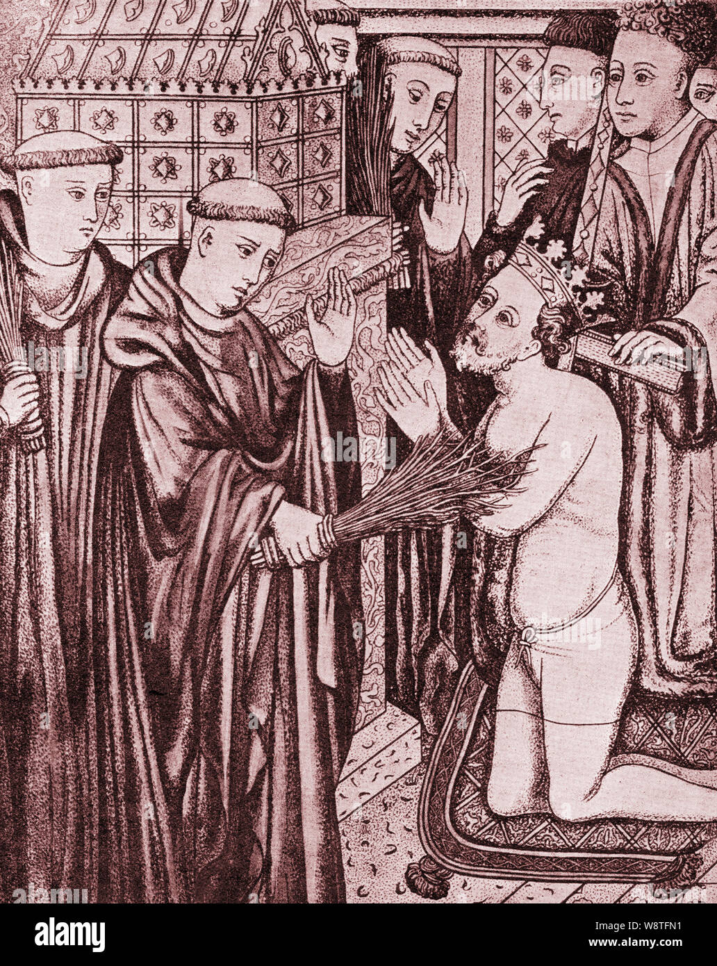König Heinrich II. von England in 1173, Buße zu tun, die von der Geißelung vor dem Grab des Thomas Becket, er hatte über Reginald FitzUrse, Hugh de Morville, William de Tracy und Richard Le Breton 1170 (aus einem alten Manuskript) ermordet wurde. Stockfoto