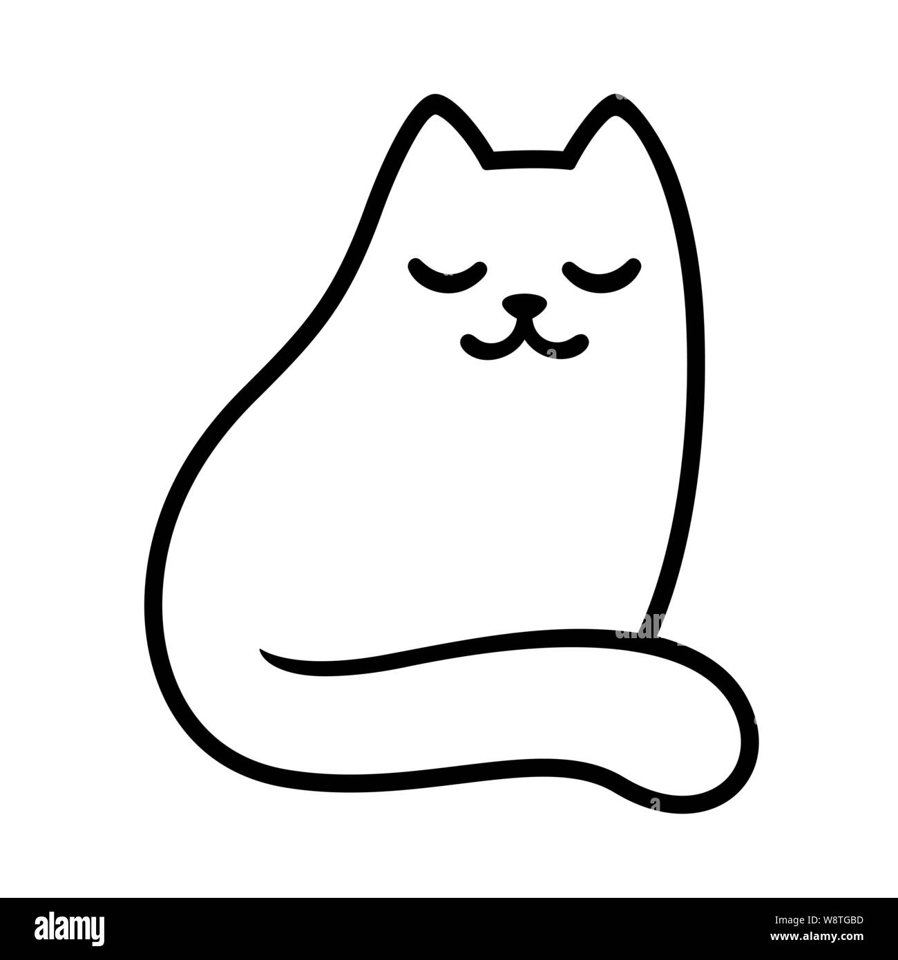 Cartoon weiße Katze Zeichnung mit geschlossenen Augen. Einfache und minimale Sitzen schlafende Katze Doodle, Cute Vector Illustration. Stock Vektor