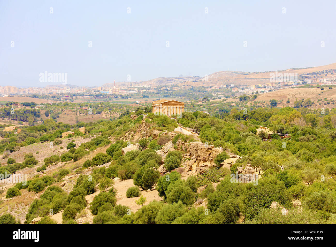 Tempel der Concordia und Vegetation im Tal der Tempel, Agrigento, Sizilien Stockfoto