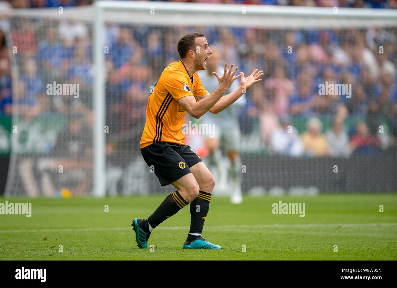 Leicester, Großbritannien. 11 Aug, 2019. Diogo Jota der Wölfe während der Premier League Match zwischen Leicester City und Wolverhampton Wanderers für die King Power Stadion, Leicester, England am 10. August 2019. Foto von Andy Rowland. Credit: PRiME Media Images/Alamy leben Nachrichten Stockfoto