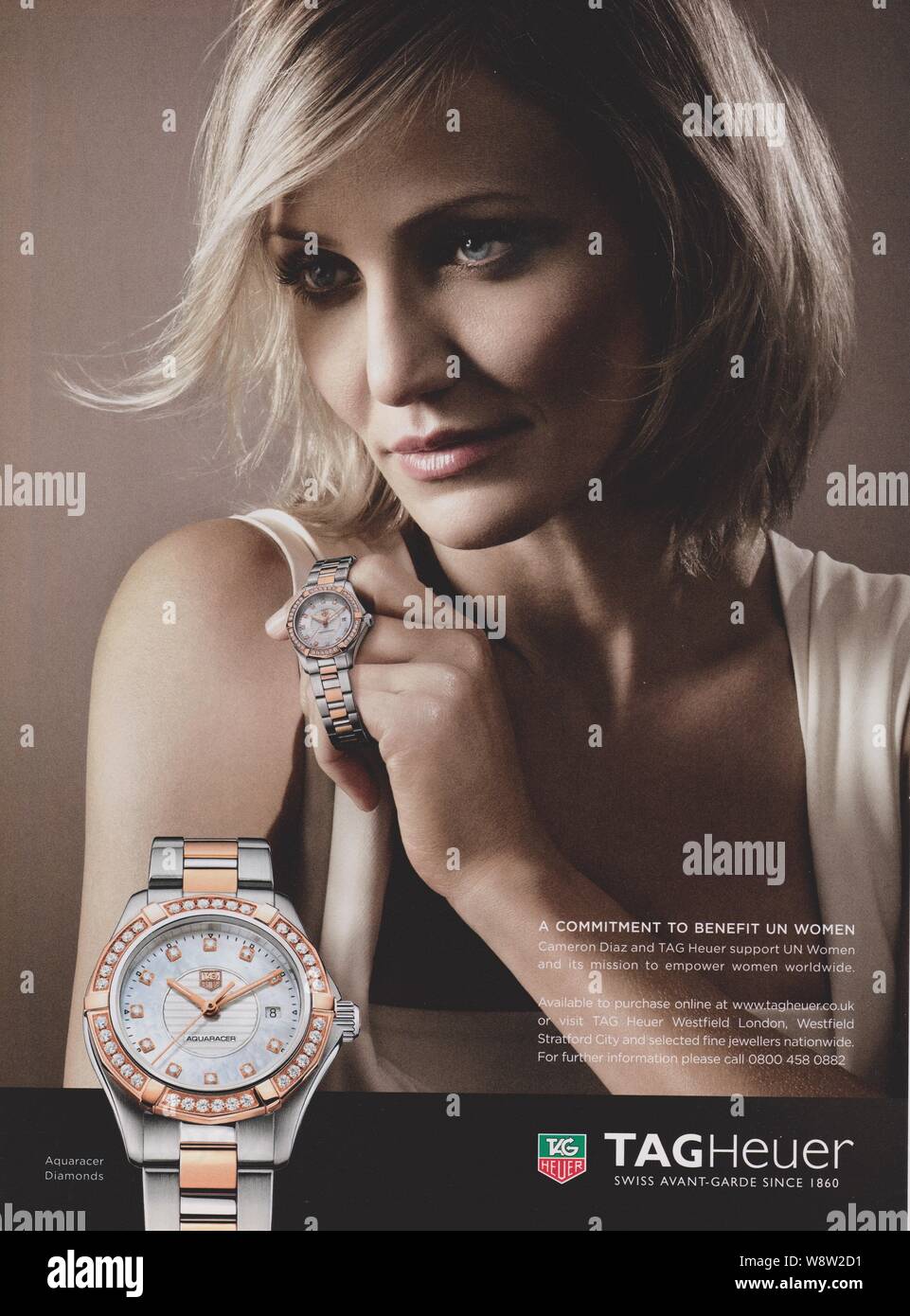 Plakatwerbung TAG-Heuer Uhr mit Cameron Diaz im Magazin von 2013, Werbung, kreative TAG-Heuer Werbung Stockfoto