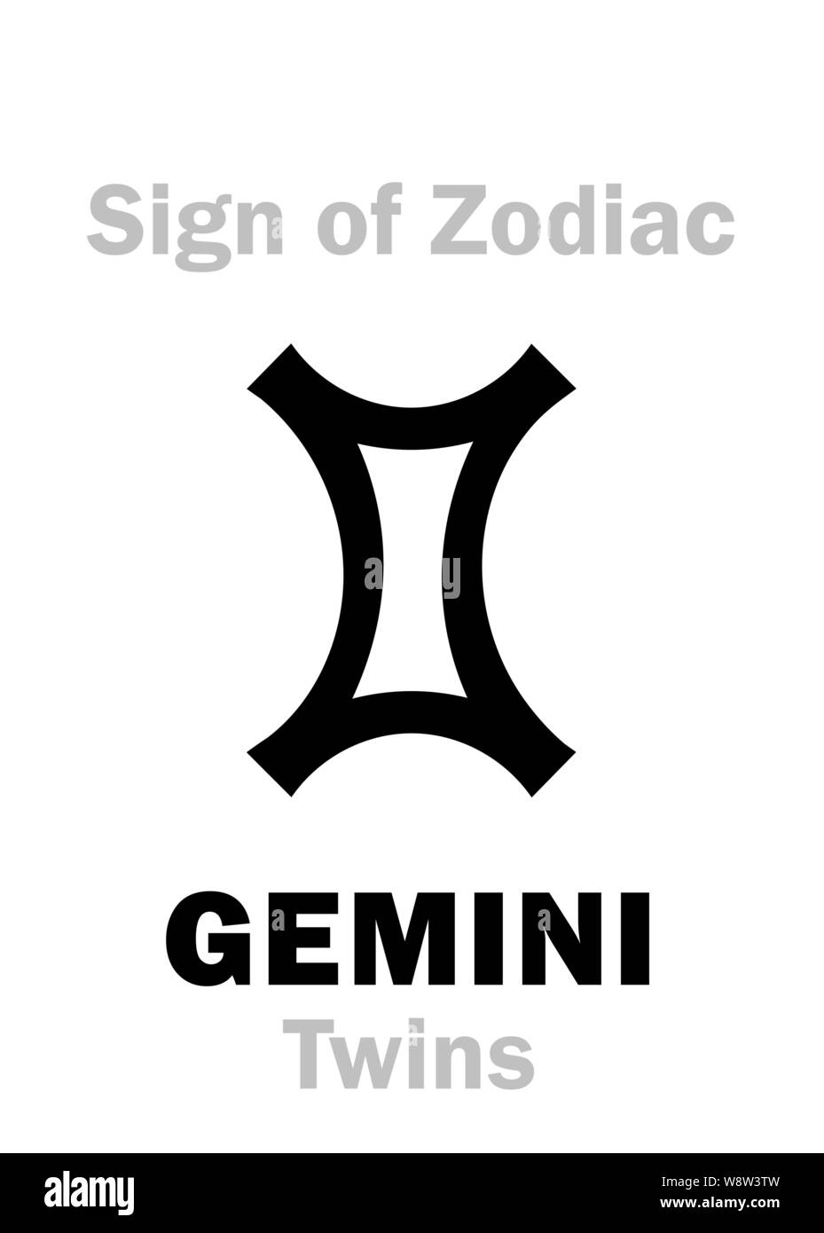 Astrologie-Alphabet: Zeichen des Tierkreises GEMINI (Zwillinge). Hieroglyphen Charakter Zeichen (einzelnes Symbol). Stock Vektor