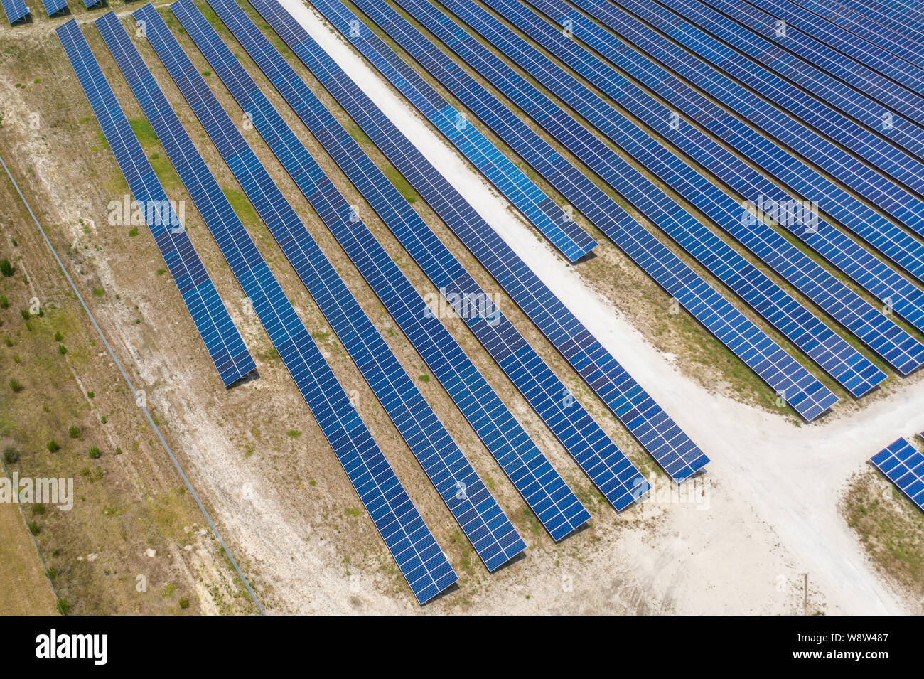 Luftaufnahme von großen solar panel Farm im Norden von Florida bietet saubere Energie. Stockfoto