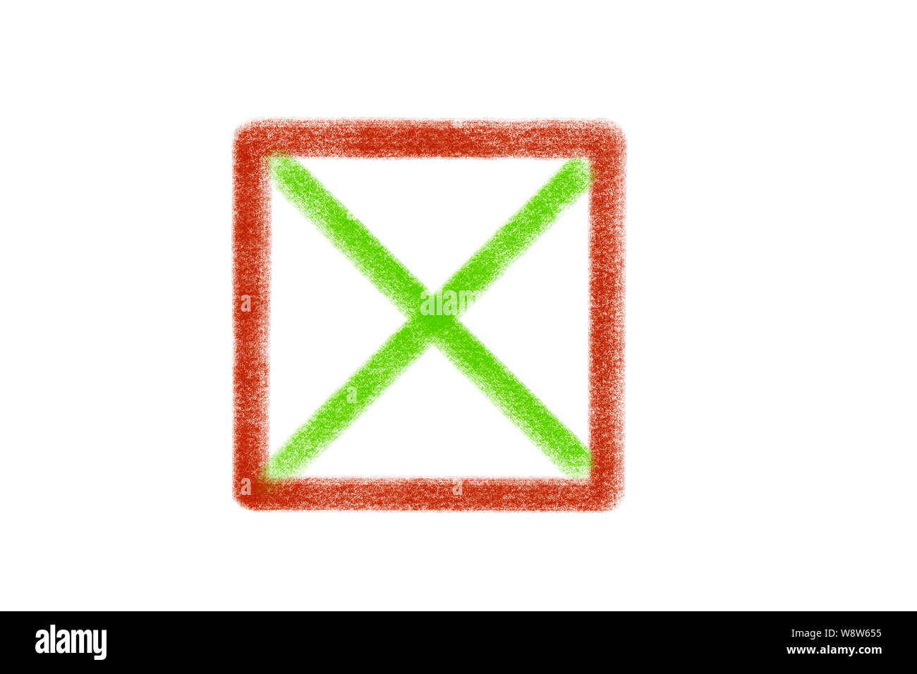 Grün x in einem roten Quadrat Stockfoto