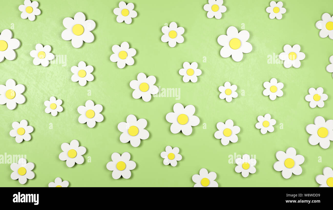 White Daisy Flower 3D-Formen auf grünem Hintergrund, 3D-Darstellung Stockfoto