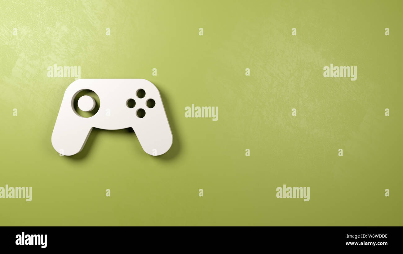 Weißes Gamepad Controller 3D Symbol Form auf einer grünen Wand mit Copy Space 3D-Darstellung Stockfoto