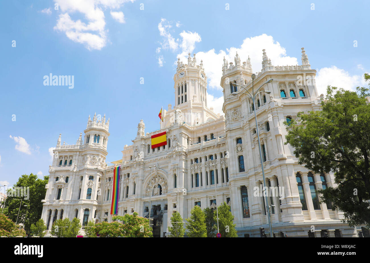 Die Hauptfassade des Rathaus, an der Plaza de Cibeles Square, von dem Rat der Stadt Madrid, Spanien Stockfoto