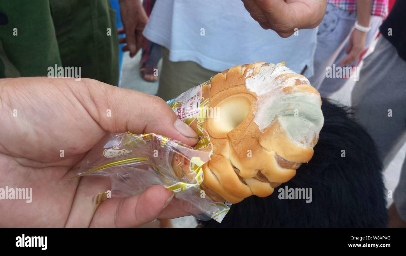 Ein Dorfbewohner hält verschimmeltes Brot produziert von Jing Wang Da Food Company in Typhoon Rammasun-hit Wengtian Baoxiao Dorf, Stadt, Wenchang City, South China Stockfoto
