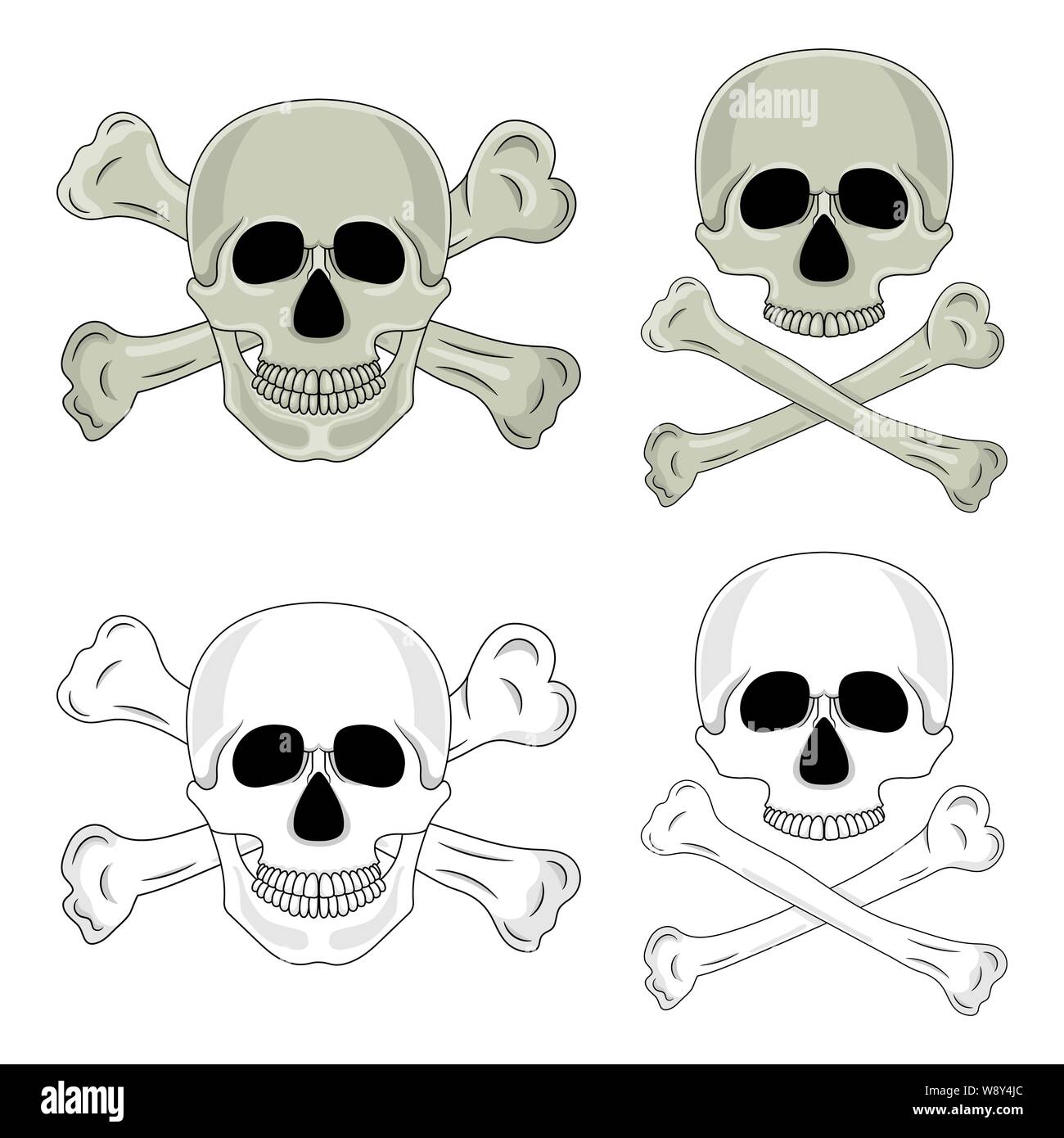 Einstellen der Totenschädel mit gekreuzten Knochen auf weißem Hintergrund. Cartoon menschlicher Schädel mit Unterkiefer. Vector Illustration für jedes Design. Stock Vektor