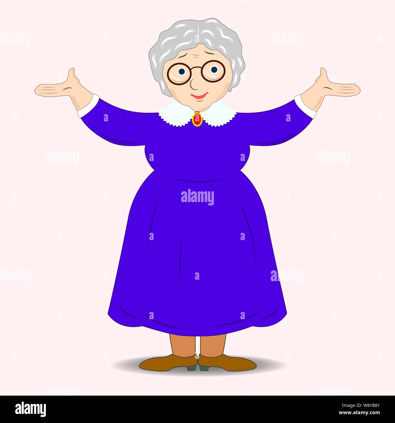 Eine flache Zeichnung einer lächelnden Großmutter. Süße Oma mit Brille, blaues Kleid. Freundliche Cartoon-Figur Oma. Isoliert. Vektor Stock Vektor