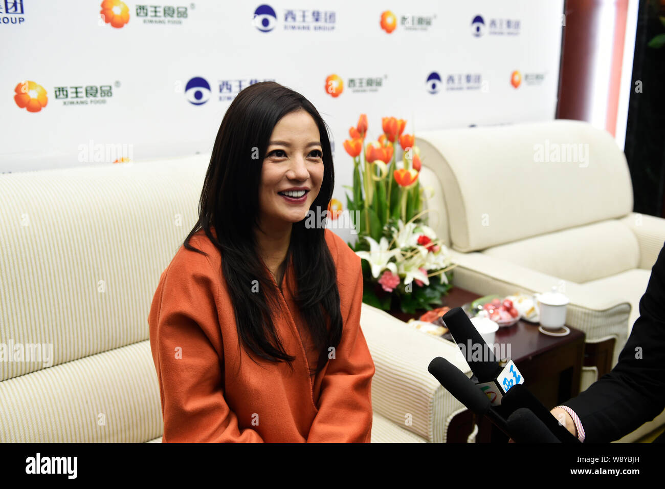Chinesische Schauspielerin Zhao Wei ist während der Xiwang Gruppe Marke Förderung Konferenz in Zouping county interviewt, East China Provinz Shandong, 18 Decemb Stockfoto
