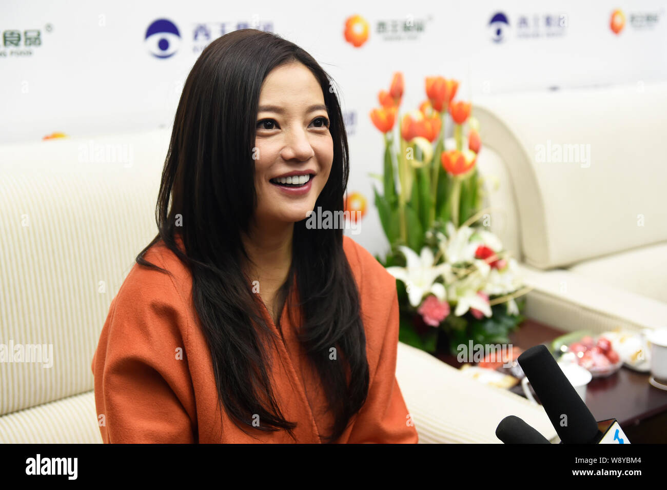 Chinesische Schauspielerin Zhao Wei ist während der Xiwang Gruppe Marke Förderung Konferenz in Zouping county interviewt, East China Provinz Shandong, 18 Decemb Stockfoto