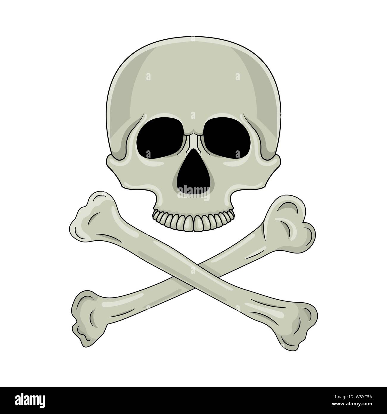 Totenkopf und gekreuzten Knochen auf weißem Hintergrund. Cartoon menschlicher Schädel. Vector Illustration für jedes Design. Stock Vektor
