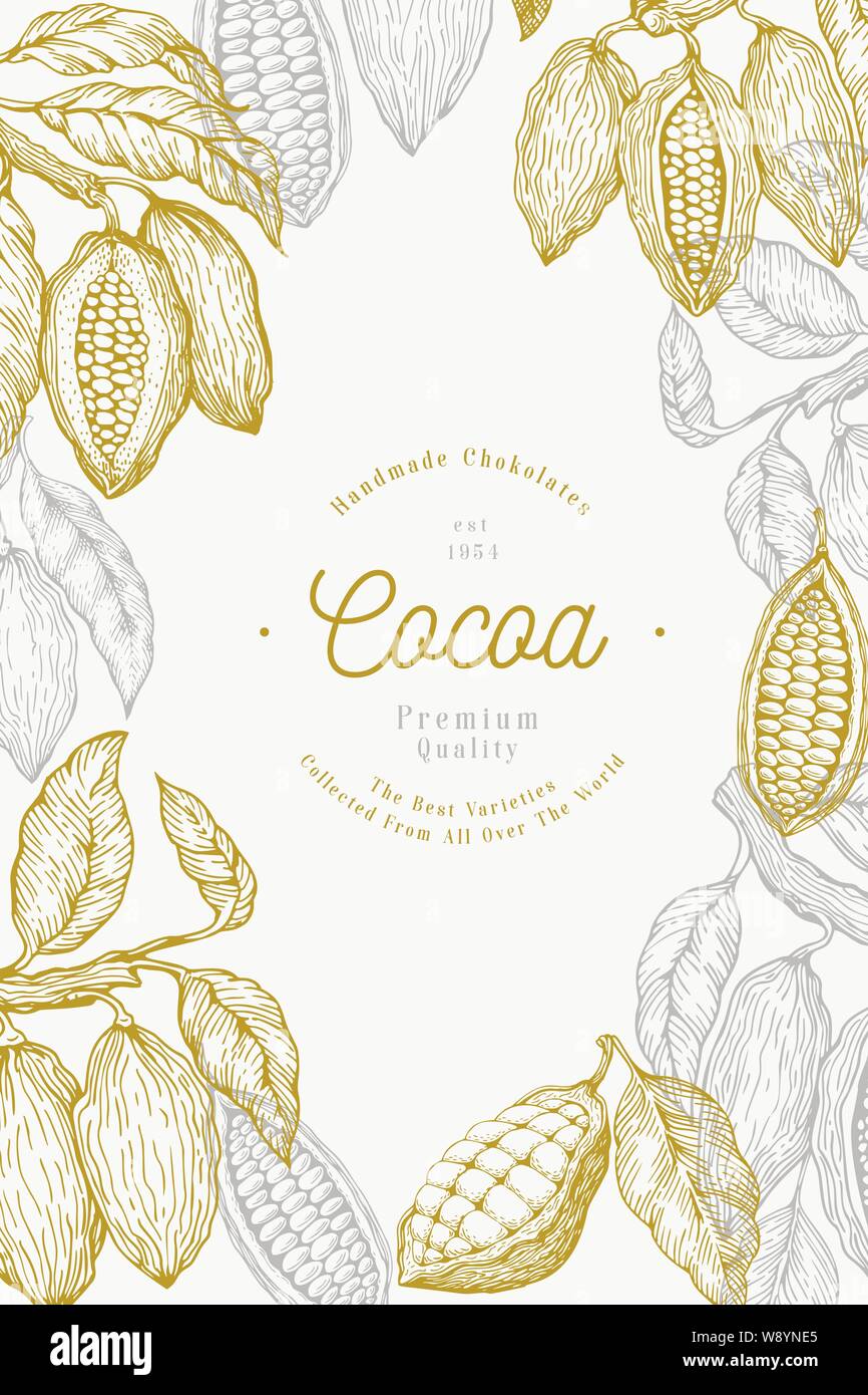 Cocoa bean Tree banner Vorlage. Schokolade Kakaobohnen Hintergrund. Vektor handgezeichnete Illustrationen. Vintage Style Abbildung. Stock Vektor