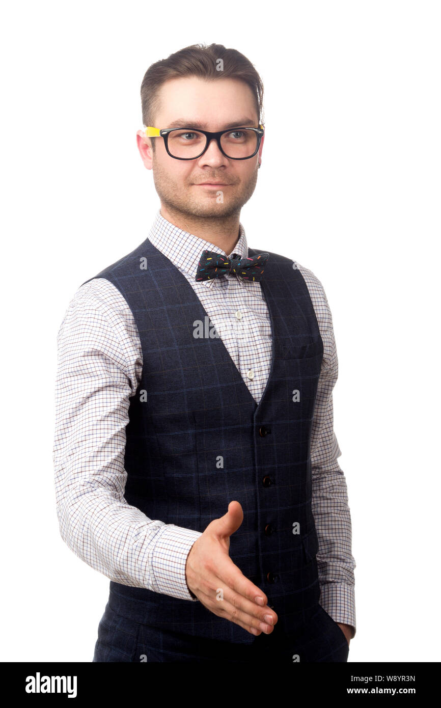 Junge Unternehmer hält seine Hand für einen Händedruck isoliert auf weißem Stockfoto