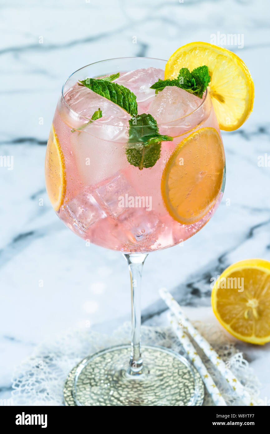 Pink Gin und Tonic Cocktail mit Zitronenscheiben, garniert mit frischen Minzeblättchen - Erfrischende Sommer alkoholisches Getränk Stockfoto