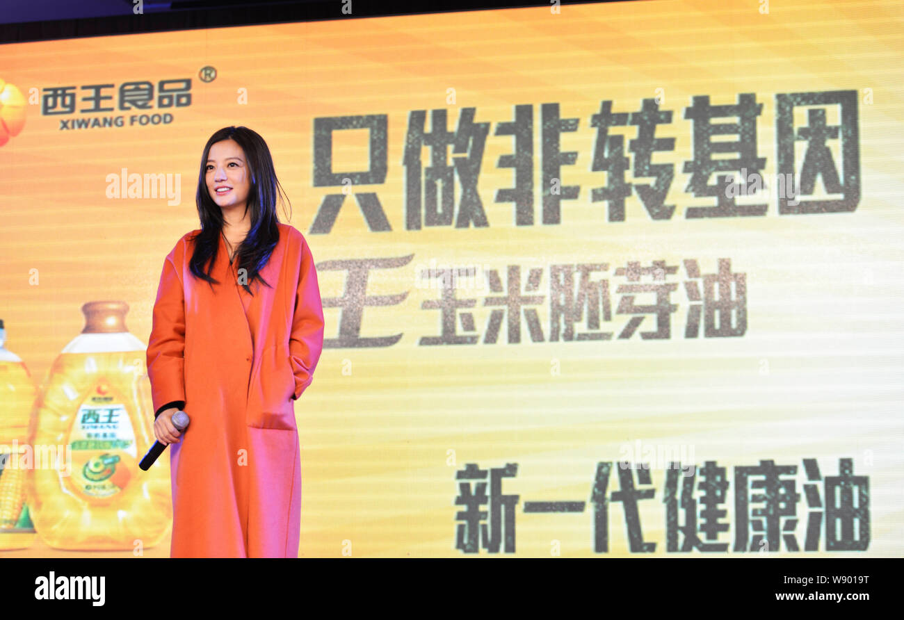 Chinesische Schauspielerin Zhao Wei lächelt die Xiwang Gruppe Marke Förderung Konferenz in Zouping County, East China Provinz Shandong, 18. Dezember 2014. Stockfoto
