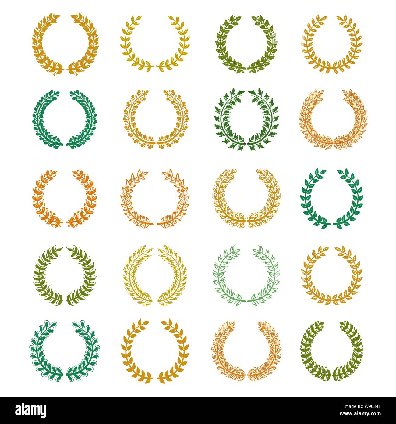 Set aus bunten Kränzen auf weißem Hintergrund. Foliate award Kranz Sammlung. Vector Illustration. Stock Vektor