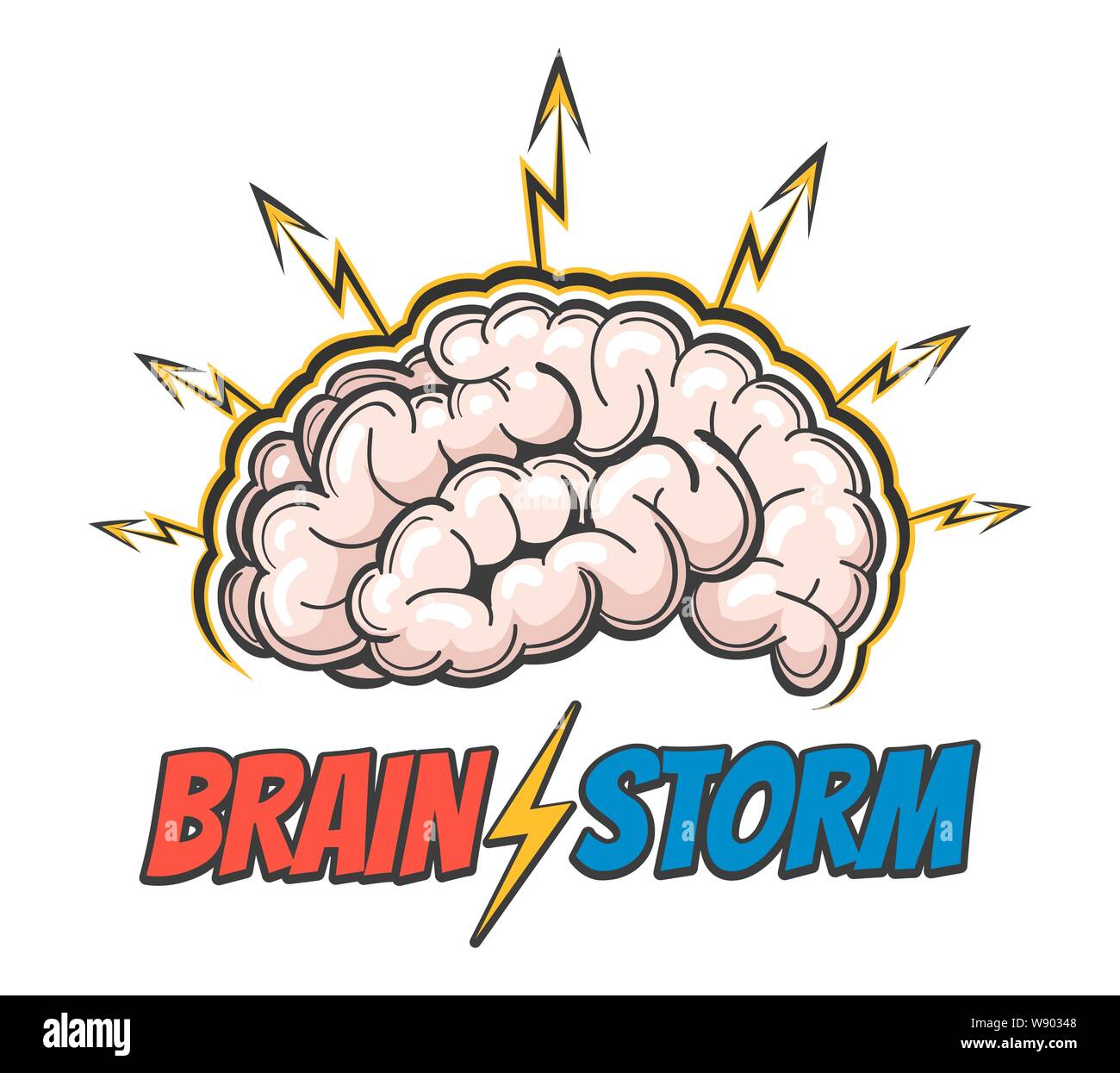Hand gezeichnet Emblem des menschlichen Gehirns mit Blitzen und Formulierung Barin Sturm. Gute Idee, Gehirntätigkeit, Einblick. Vector Illustration Stock Vektor